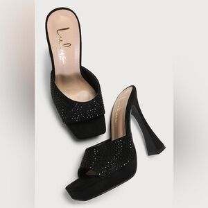 Karelee Black Suede Rhinestone Platform High Heel Sandals
